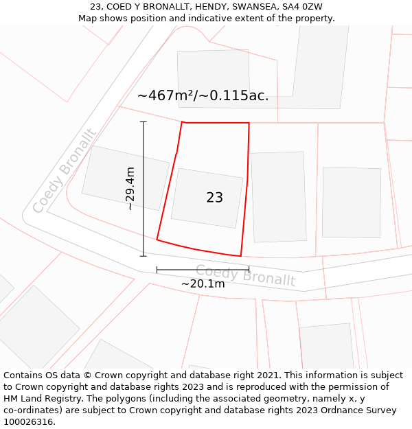 23, COED Y BRONALLT, HENDY, SWANSEA, SA4 0ZW: Plot and title map