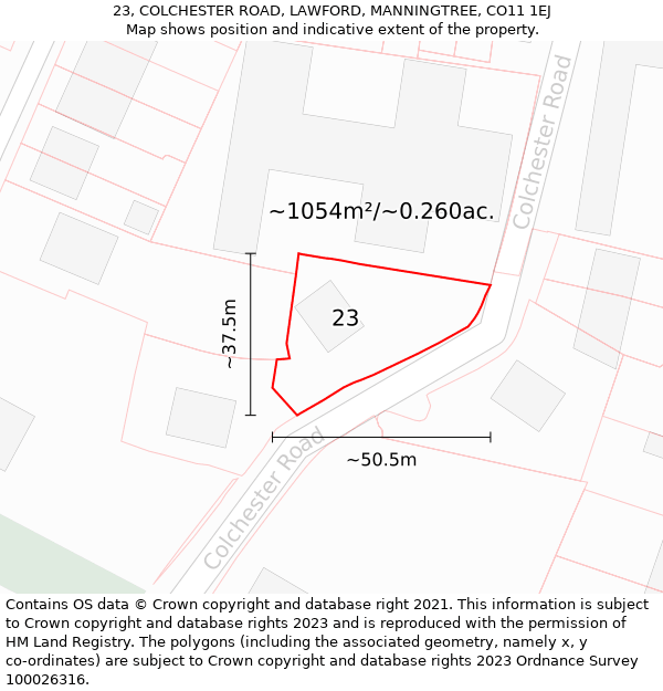 23, COLCHESTER ROAD, LAWFORD, MANNINGTREE, CO11 1EJ: Plot and title map