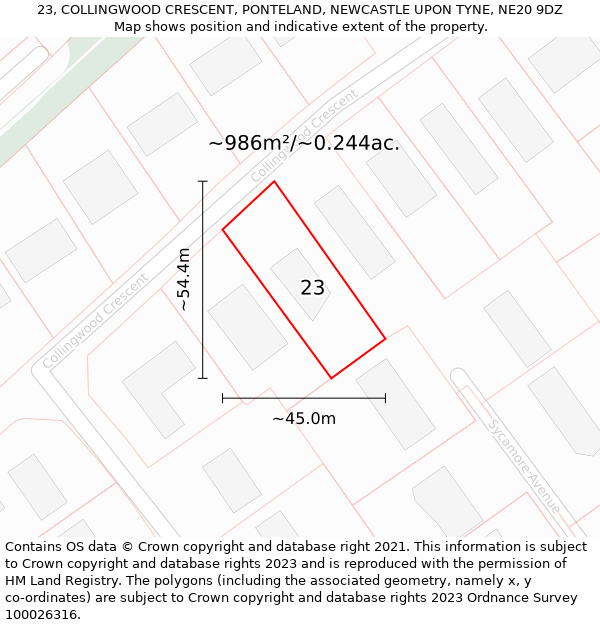 23, COLLINGWOOD CRESCENT, PONTELAND, NEWCASTLE UPON TYNE, NE20 9DZ: Plot and title map