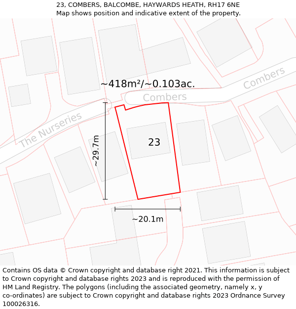 23, COMBERS, BALCOMBE, HAYWARDS HEATH, RH17 6NE: Plot and title map