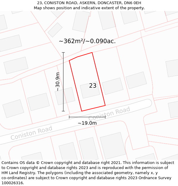 23, CONISTON ROAD, ASKERN, DONCASTER, DN6 0EH: Plot and title map