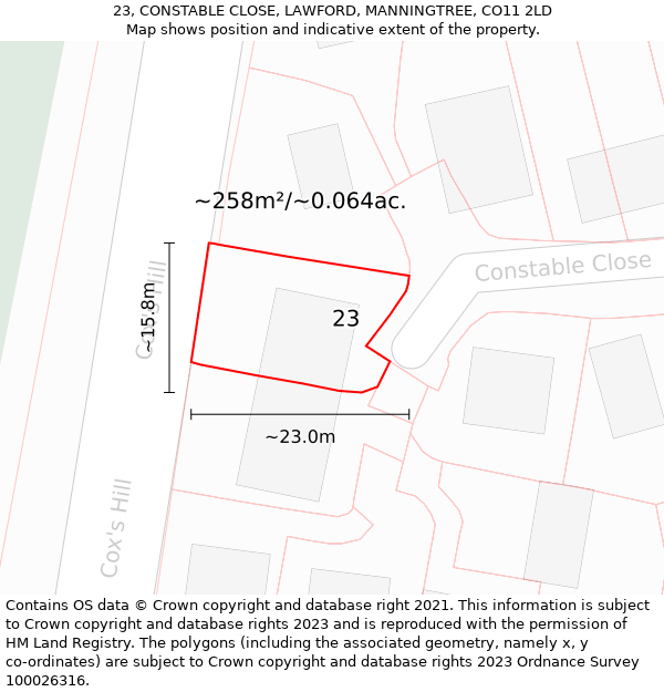 23, CONSTABLE CLOSE, LAWFORD, MANNINGTREE, CO11 2LD: Plot and title map