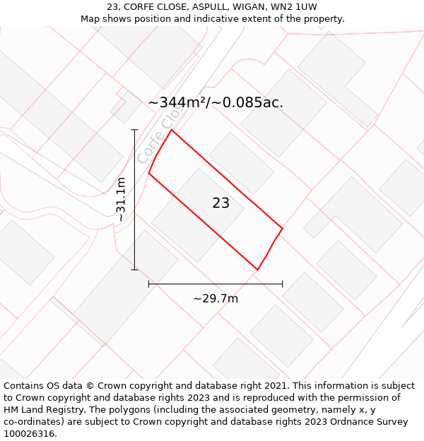 23, CORFE CLOSE, ASPULL, WIGAN, WN2 1UW: Plot and title map
