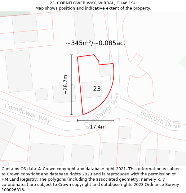 23, CORNFLOWER WAY, WIRRAL, CH46 1SU: Plot and title map