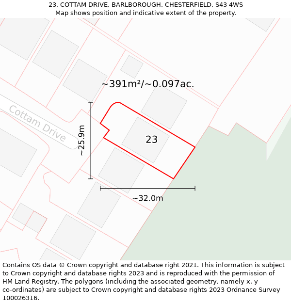 23, COTTAM DRIVE, BARLBOROUGH, CHESTERFIELD, S43 4WS: Plot and title map