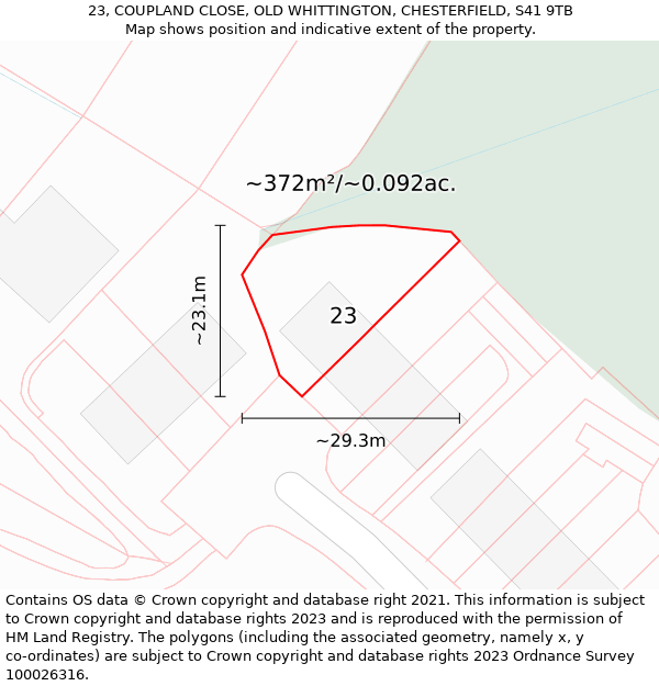 23, COUPLAND CLOSE, OLD WHITTINGTON, CHESTERFIELD, S41 9TB: Plot and title map