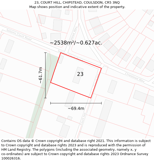 23, COURT HILL, CHIPSTEAD, COULSDON, CR5 3NQ: Plot and title map