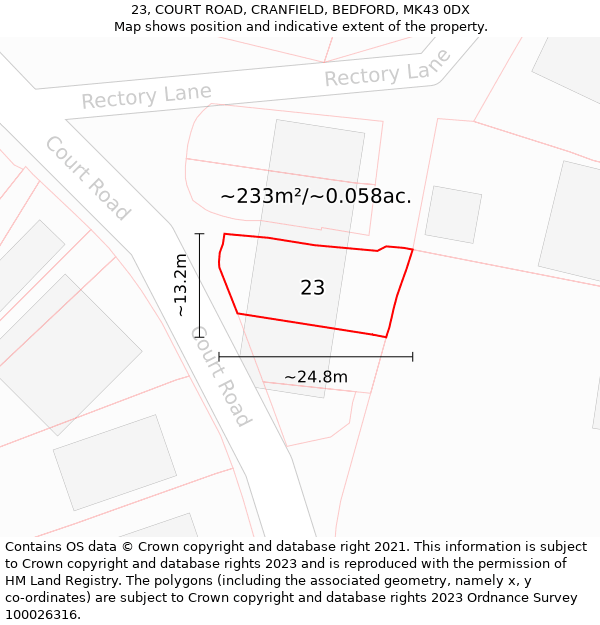 23, COURT ROAD, CRANFIELD, BEDFORD, MK43 0DX: Plot and title map