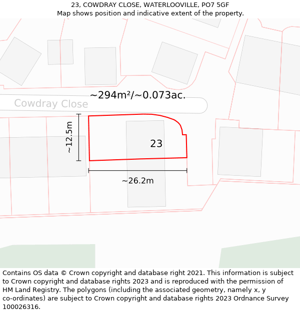 23, COWDRAY CLOSE, WATERLOOVILLE, PO7 5GF: Plot and title map