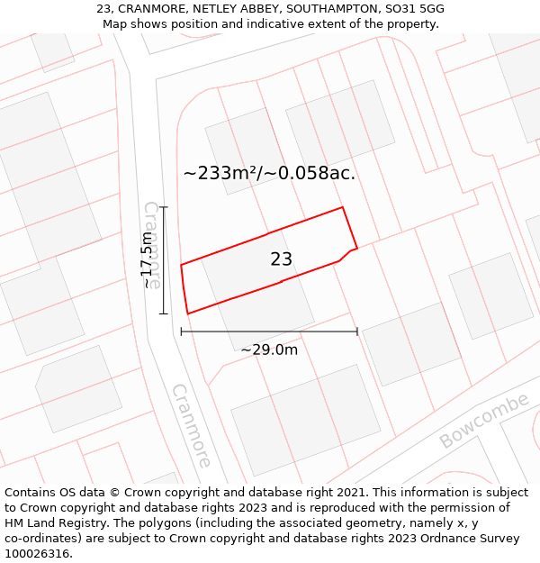 23, CRANMORE, NETLEY ABBEY, SOUTHAMPTON, SO31 5GG: Plot and title map