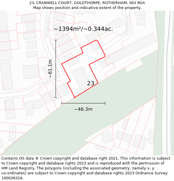 23, CRANWELL COURT, GOLDTHORPE, ROTHERHAM, S63 9GA: Plot and title map