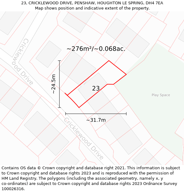 23, CRICKLEWOOD DRIVE, PENSHAW, HOUGHTON LE SPRING, DH4 7EA: Plot and title map