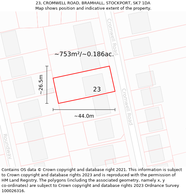 23, CROMWELL ROAD, BRAMHALL, STOCKPORT, SK7 1DA: Plot and title map