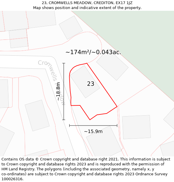 23, CROMWELLS MEADOW, CREDITON, EX17 1JZ: Plot and title map