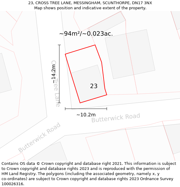 23, CROSS TREE LANE, MESSINGHAM, SCUNTHORPE, DN17 3NX: Plot and title map