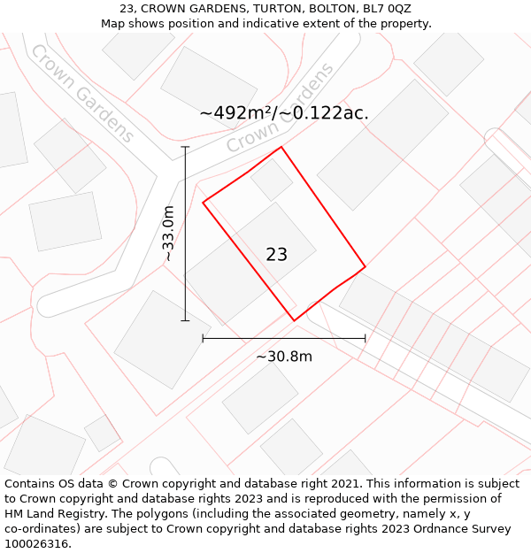 23, CROWN GARDENS, TURTON, BOLTON, BL7 0QZ: Plot and title map