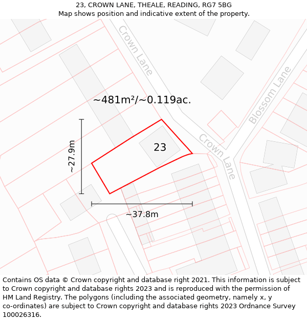 23, CROWN LANE, THEALE, READING, RG7 5BG: Plot and title map