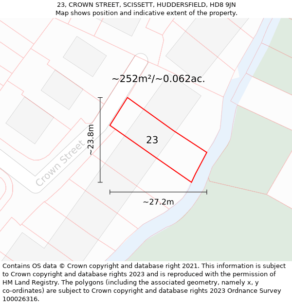 23, CROWN STREET, SCISSETT, HUDDERSFIELD, HD8 9JN: Plot and title map