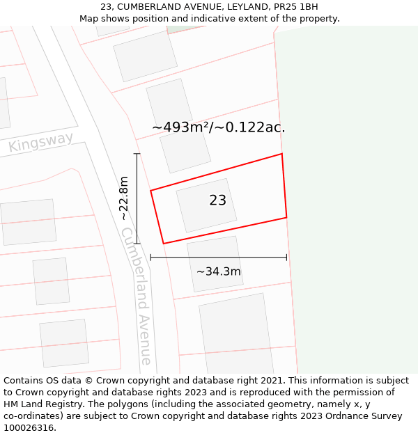 23, CUMBERLAND AVENUE, LEYLAND, PR25 1BH: Plot and title map