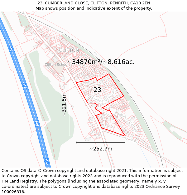 23, CUMBERLAND CLOSE, CLIFTON, PENRITH, CA10 2EN: Plot and title map