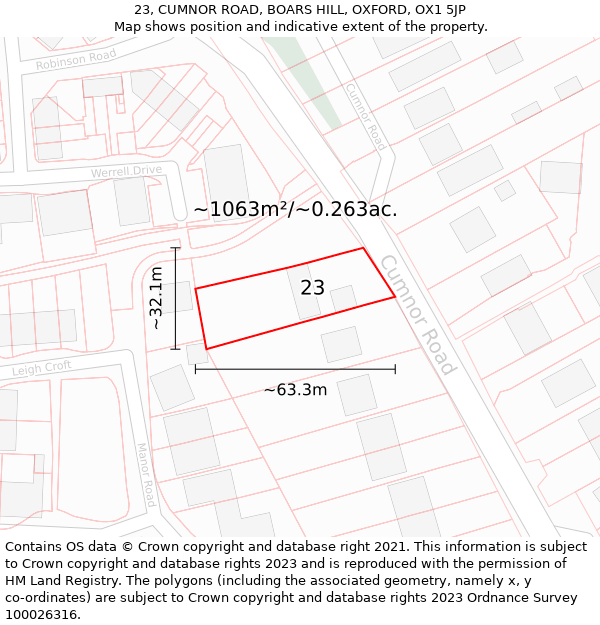 23, CUMNOR ROAD, BOARS HILL, OXFORD, OX1 5JP: Plot and title map