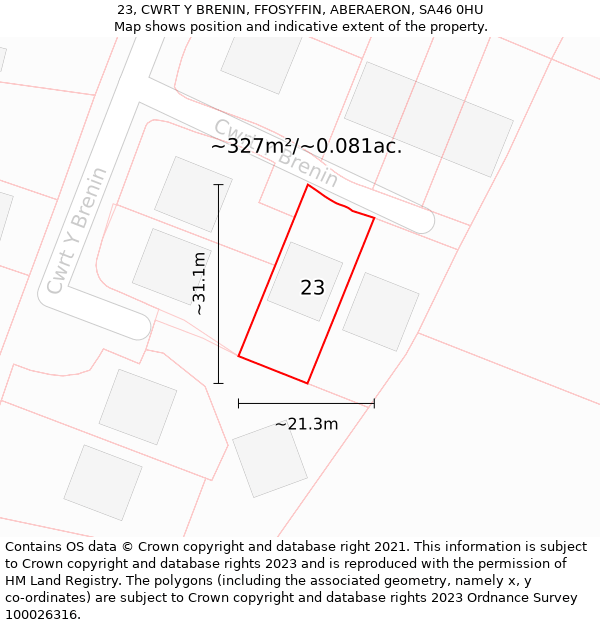 23, CWRT Y BRENIN, FFOSYFFIN, ABERAERON, SA46 0HU: Plot and title map