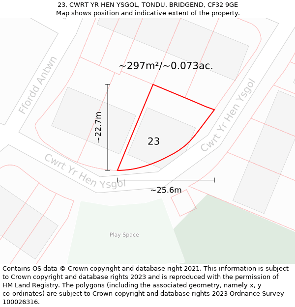 23, CWRT YR HEN YSGOL, TONDU, BRIDGEND, CF32 9GE: Plot and title map