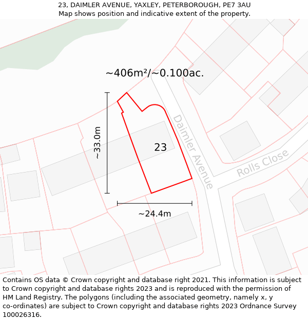 23, DAIMLER AVENUE, YAXLEY, PETERBOROUGH, PE7 3AU: Plot and title map