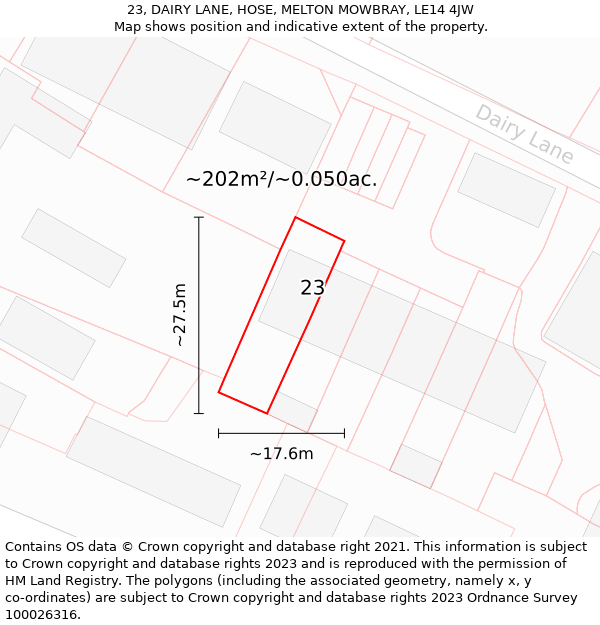 23, DAIRY LANE, HOSE, MELTON MOWBRAY, LE14 4JW: Plot and title map