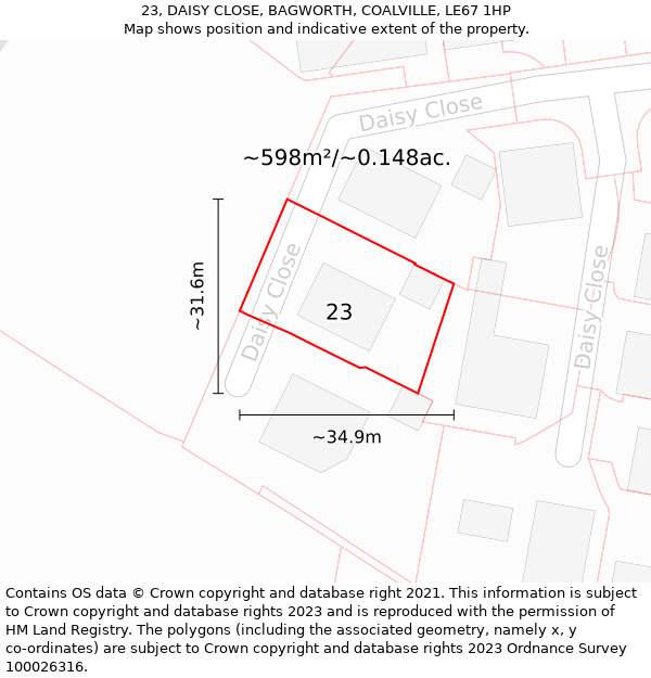 23, DAISY CLOSE, BAGWORTH, COALVILLE, LE67 1HP: Plot and title map