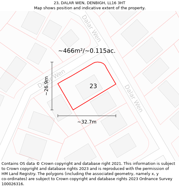 23, DALAR WEN, DENBIGH, LL16 3HT: Plot and title map