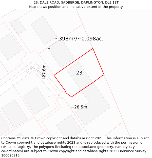 23, DALE ROAD, SADBERGE, DARLINGTON, DL2 1ST: Plot and title map