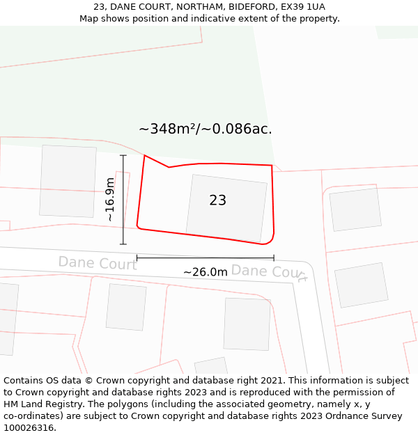 23, DANE COURT, NORTHAM, BIDEFORD, EX39 1UA: Plot and title map