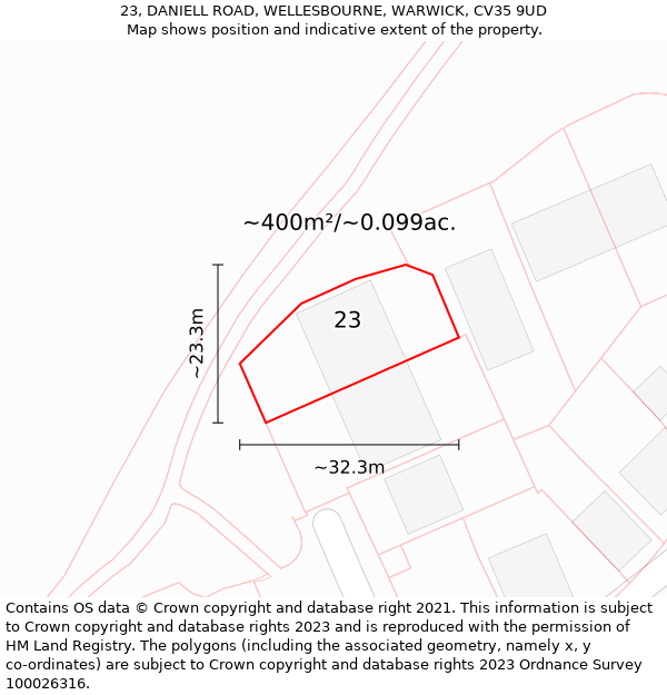 23, DANIELL ROAD, WELLESBOURNE, WARWICK, CV35 9UD: Plot and title map