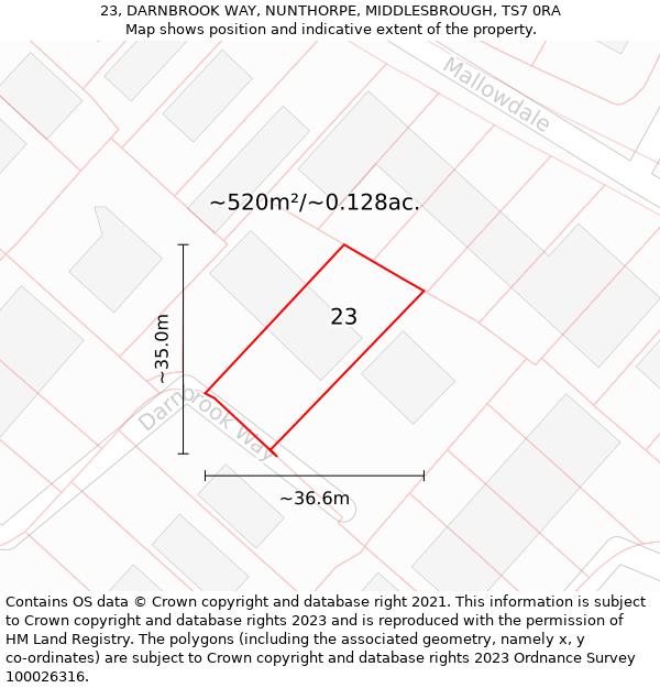 23, DARNBROOK WAY, NUNTHORPE, MIDDLESBROUGH, TS7 0RA: Plot and title map