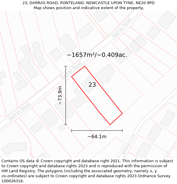 23, DARRAS ROAD, PONTELAND, NEWCASTLE UPON TYNE, NE20 9PD: Plot and title map