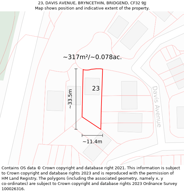 23, DAVIS AVENUE, BRYNCETHIN, BRIDGEND, CF32 9JJ: Plot and title map