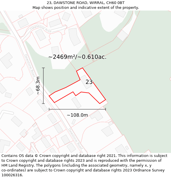 23, DAWSTONE ROAD, WIRRAL, CH60 0BT: Plot and title map