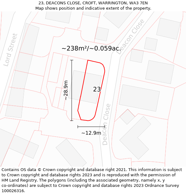 23, DEACONS CLOSE, CROFT, WARRINGTON, WA3 7EN: Plot and title map