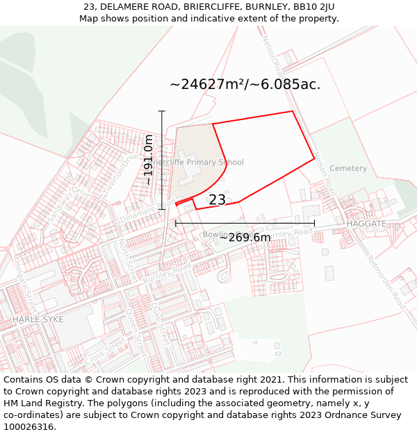 23, DELAMERE ROAD, BRIERCLIFFE, BURNLEY, BB10 2JU: Plot and title map