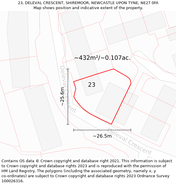 23, DELEVAL CRESCENT, SHIREMOOR, NEWCASTLE UPON TYNE, NE27 0FA: Plot and title map