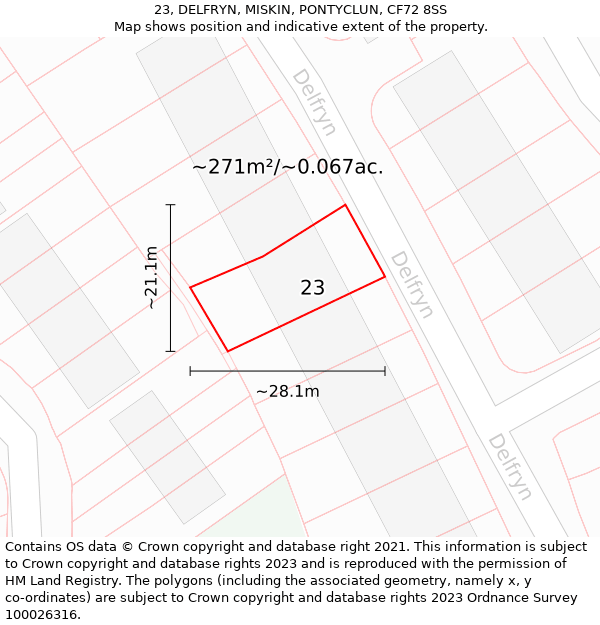 23, DELFRYN, MISKIN, PONTYCLUN, CF72 8SS: Plot and title map