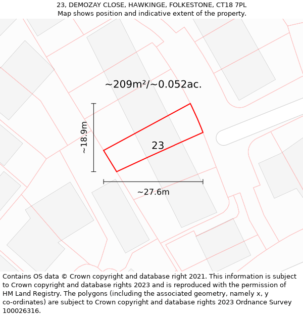 23, DEMOZAY CLOSE, HAWKINGE, FOLKESTONE, CT18 7PL: Plot and title map