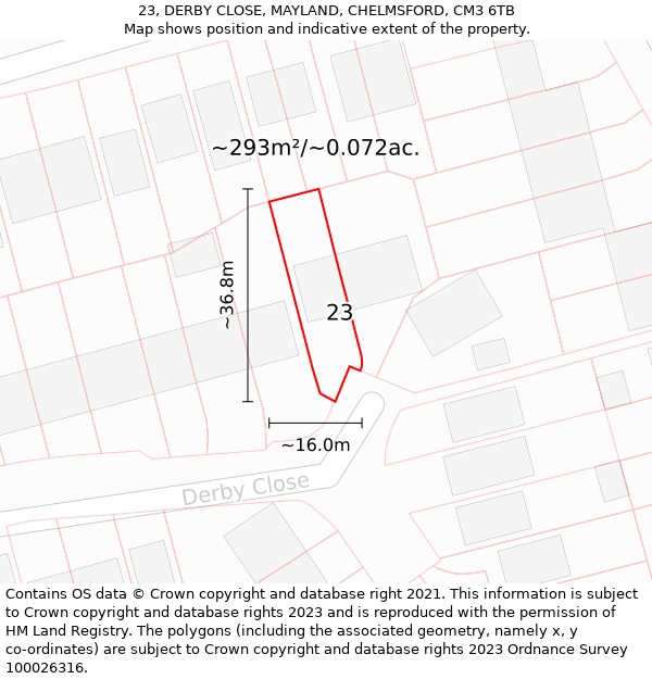 23, DERBY CLOSE, MAYLAND, CHELMSFORD, CM3 6TB: Plot and title map