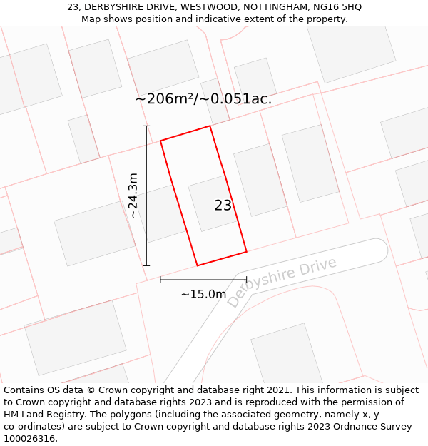 23, DERBYSHIRE DRIVE, WESTWOOD, NOTTINGHAM, NG16 5HQ: Plot and title map