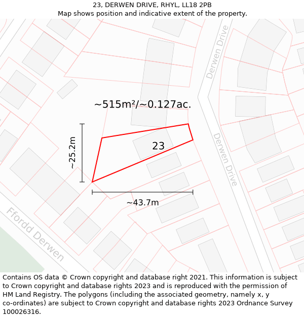 23, DERWEN DRIVE, RHYL, LL18 2PB: Plot and title map