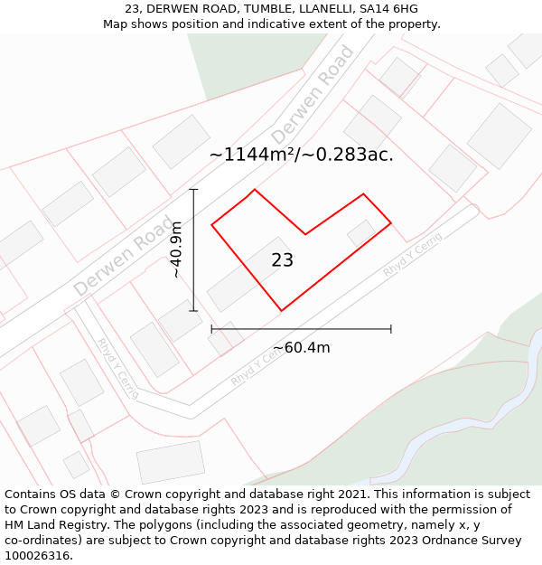 23, DERWEN ROAD, TUMBLE, LLANELLI, SA14 6HG: Plot and title map