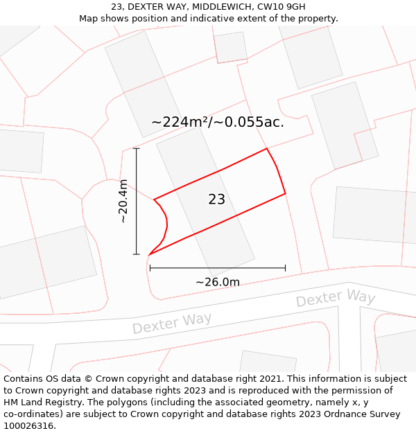 23, DEXTER WAY, MIDDLEWICH, CW10 9GH: Plot and title map