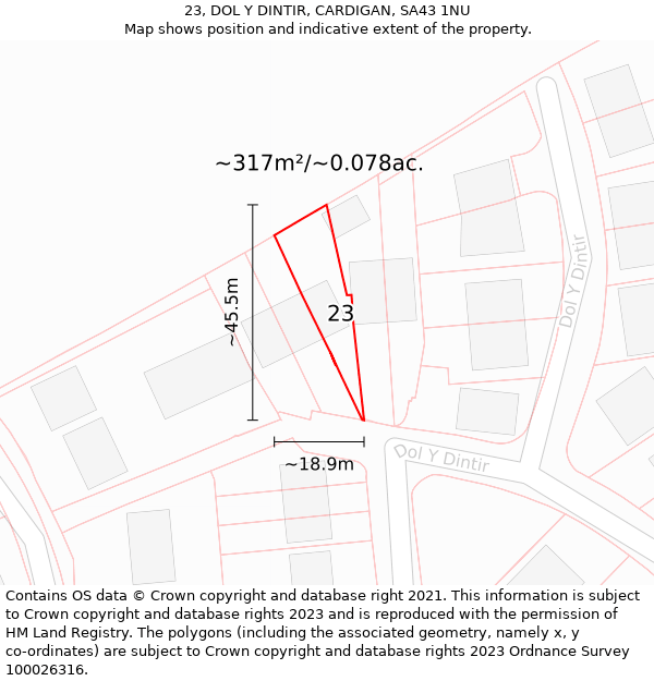 23, DOL Y DINTIR, CARDIGAN, SA43 1NU: Plot and title map