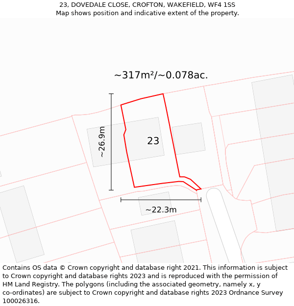 23, DOVEDALE CLOSE, CROFTON, WAKEFIELD, WF4 1SS: Plot and title map